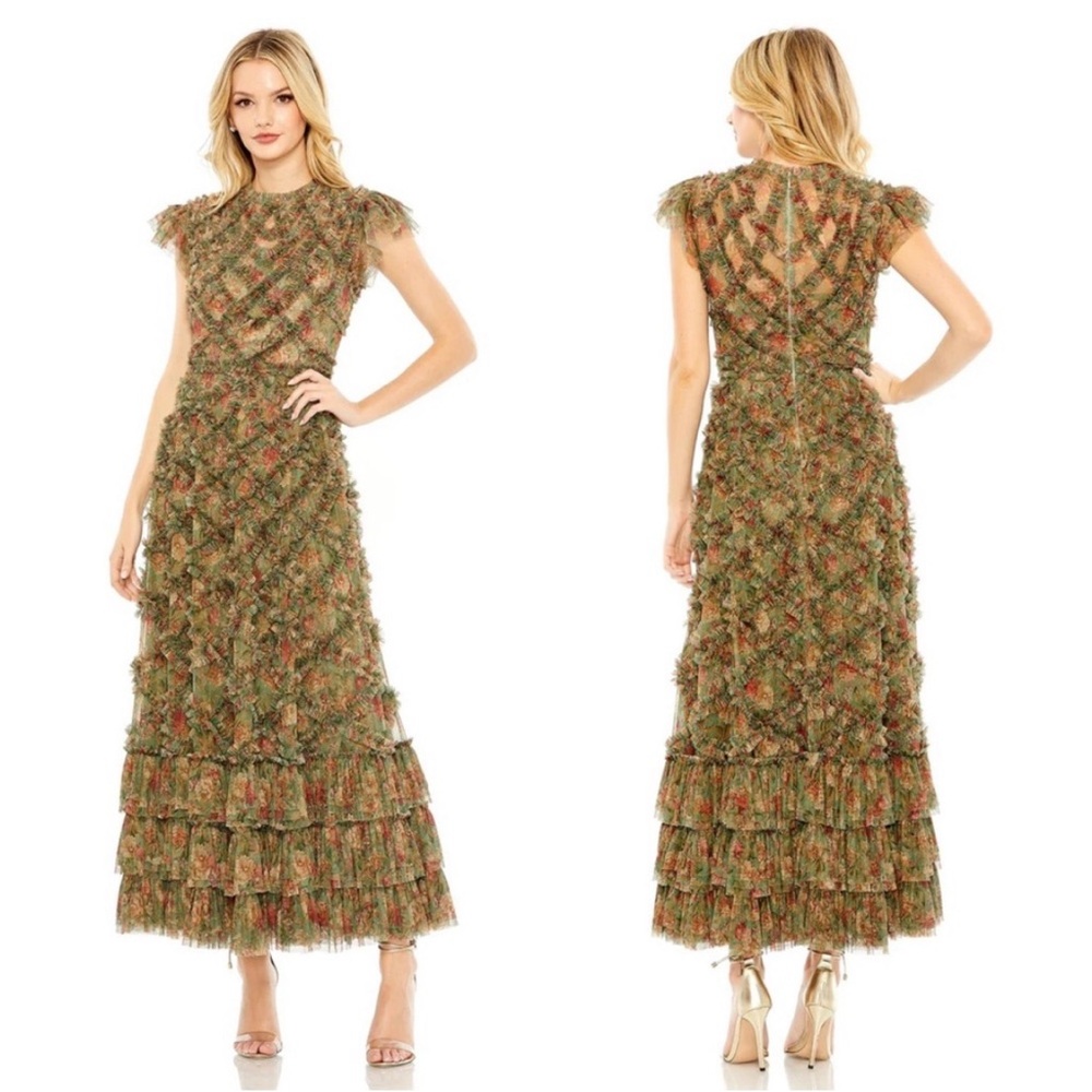 MacDuggal Anthropologie High Neck Ruffle Cap Sleeve Floral Textured Gown size 8